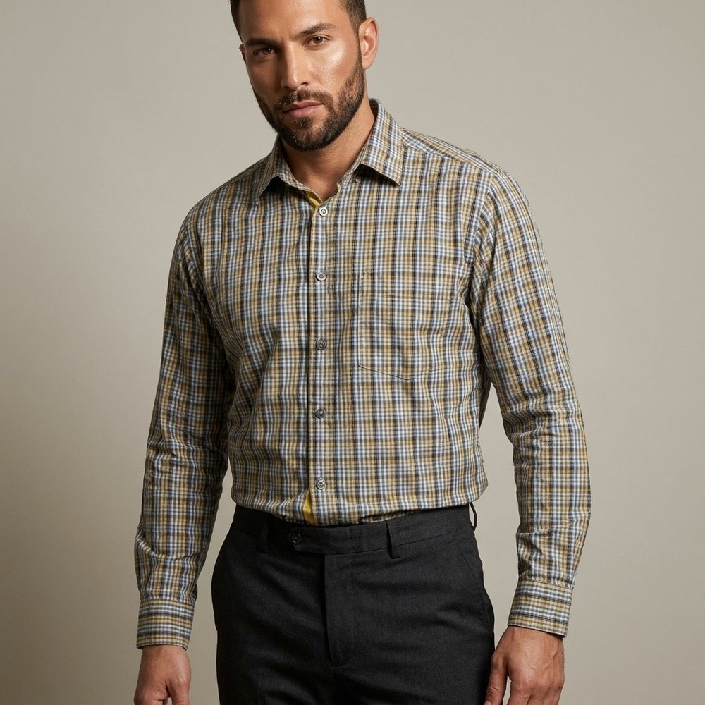 Ermenegildo Zegna Mens Plaid Button Down Shirt Yellow Blue Cotton Size M Romania